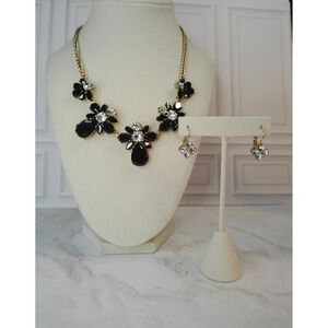 J Crew Gold Tone Black Gem Statement Necklace & Earrings
